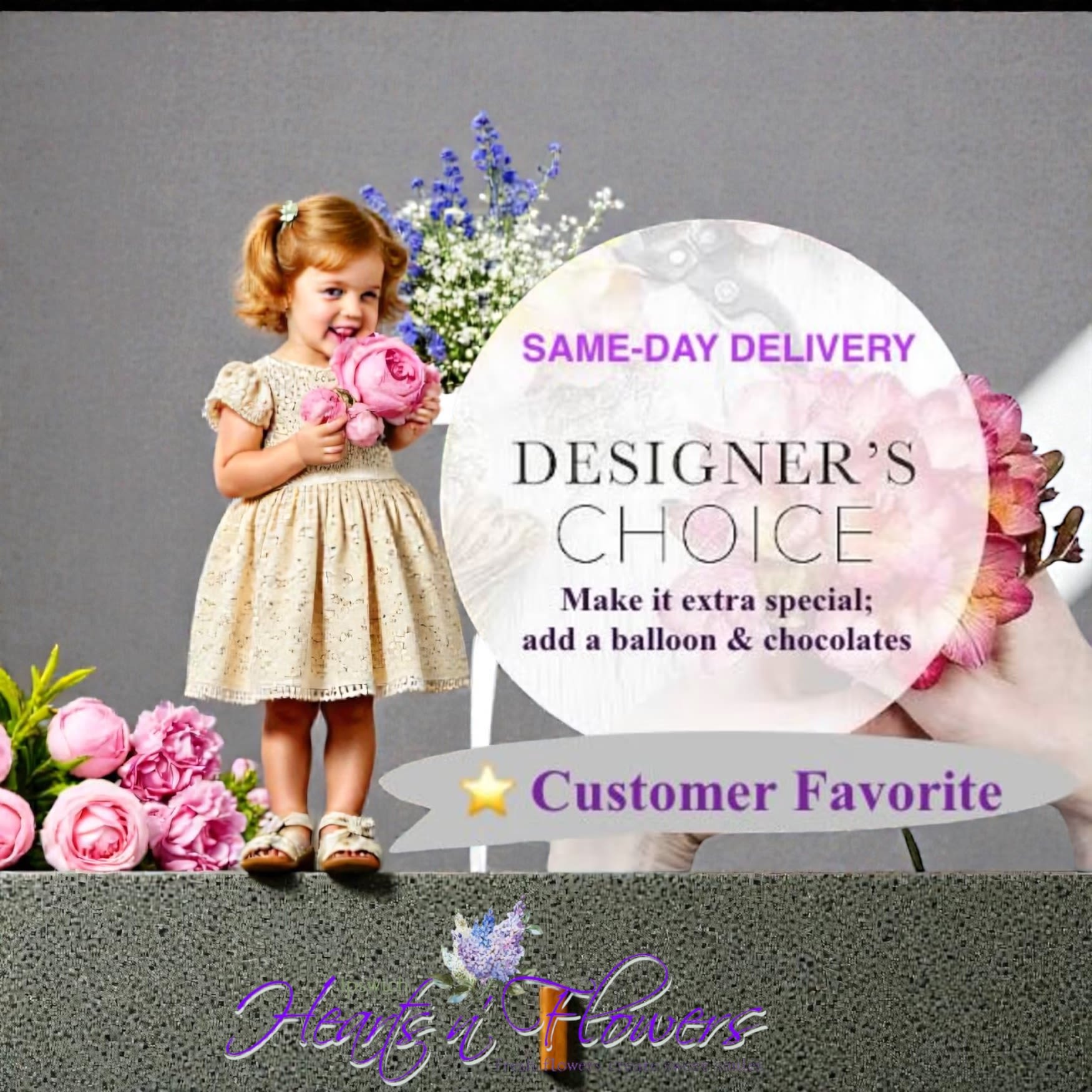 Promotional floral ad with a child holding pink flowers and a designer's choice message