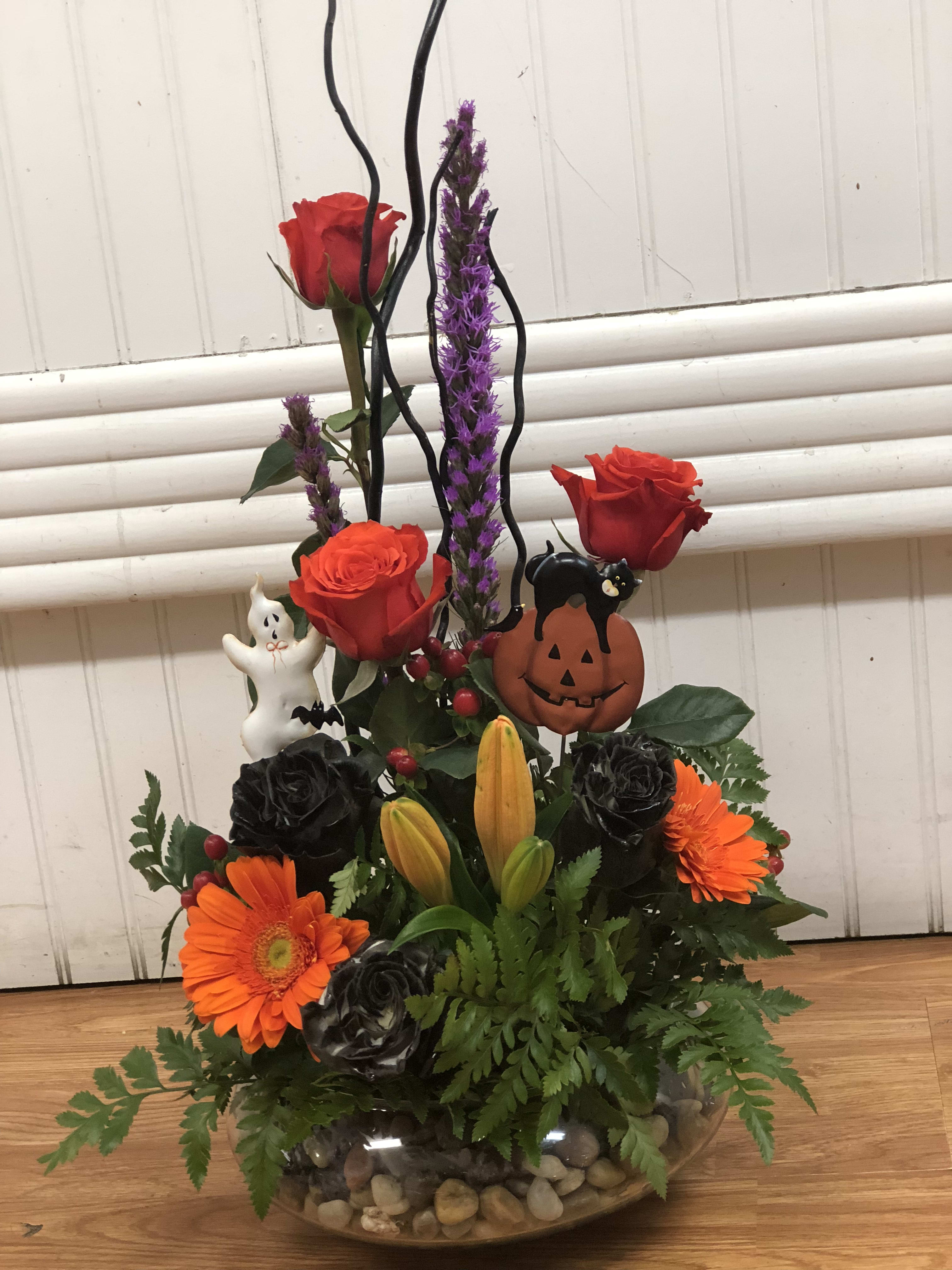 Orange roses , black roses ,orange gervera ,asiatic orange lilies,red hypedicum  - Black and orange