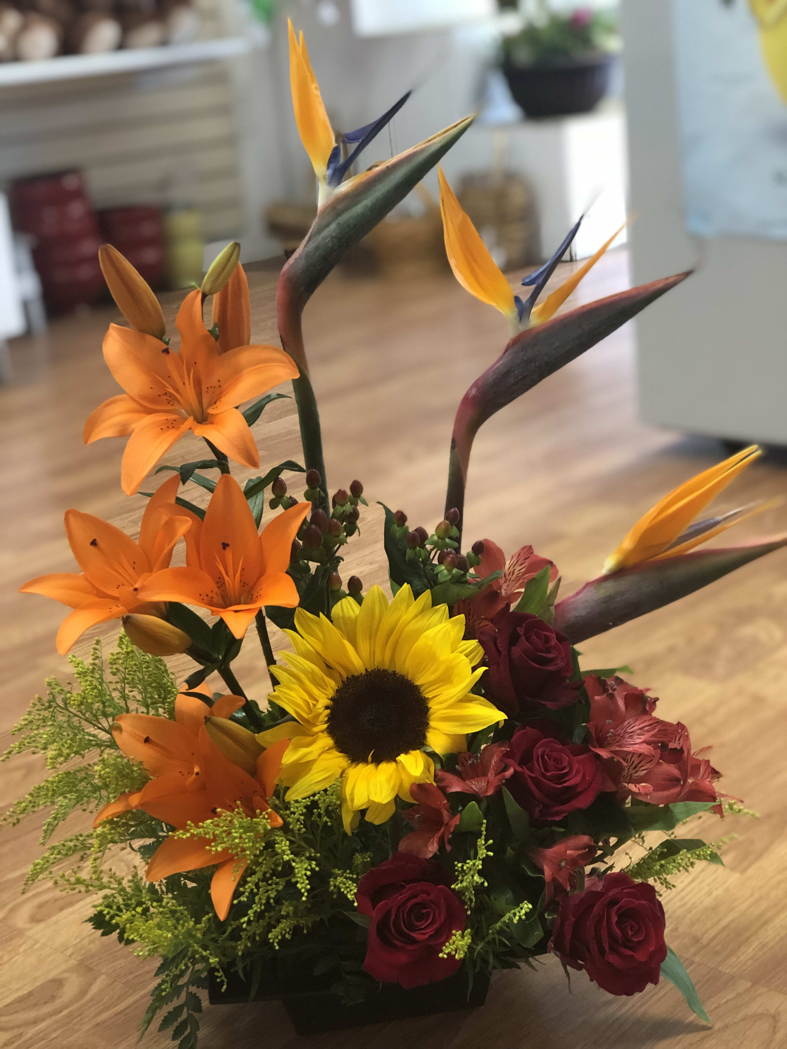 Sunset Paradise - Exotic, Orange, and Red Flowers Filed with Yellow details
