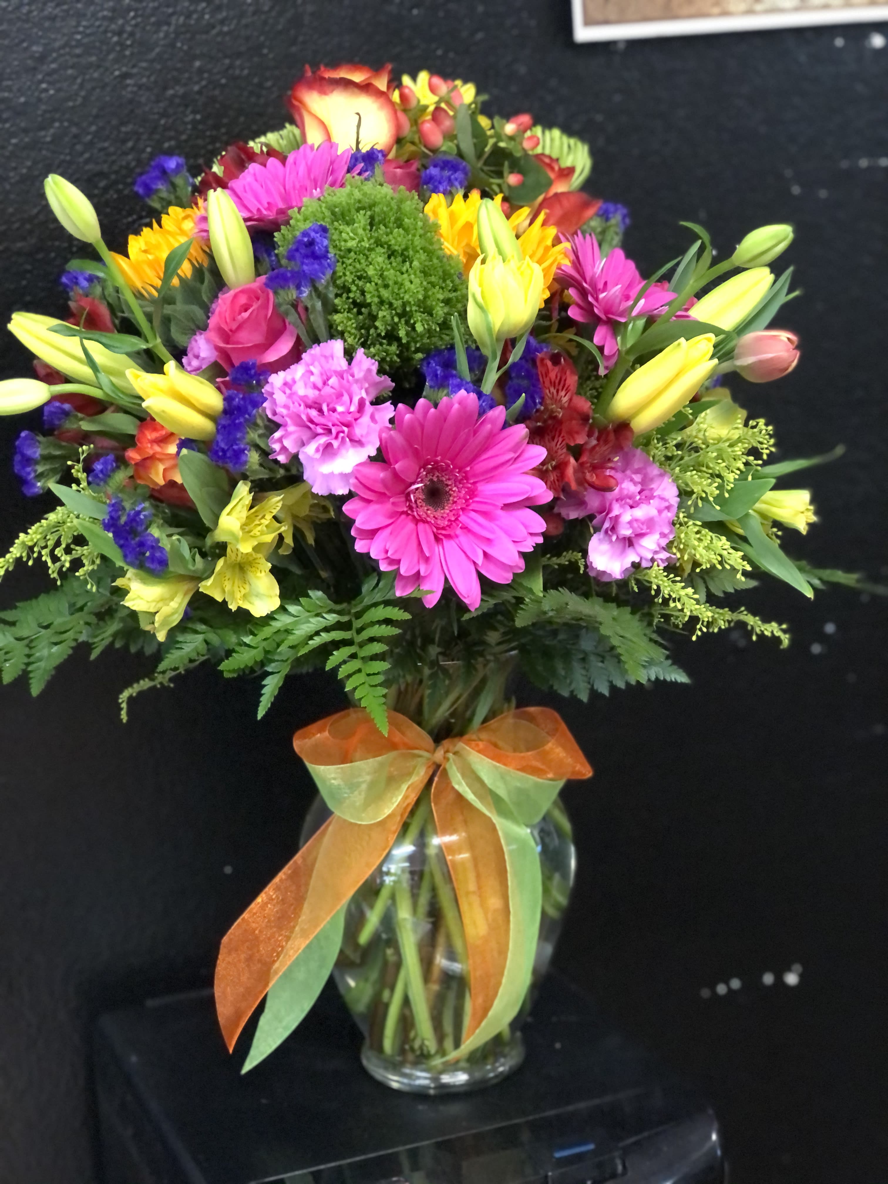 Festive Colorful Bouquet - Mix flowers and color  asiatic lilis ,lavander carnation, purple static  and more 