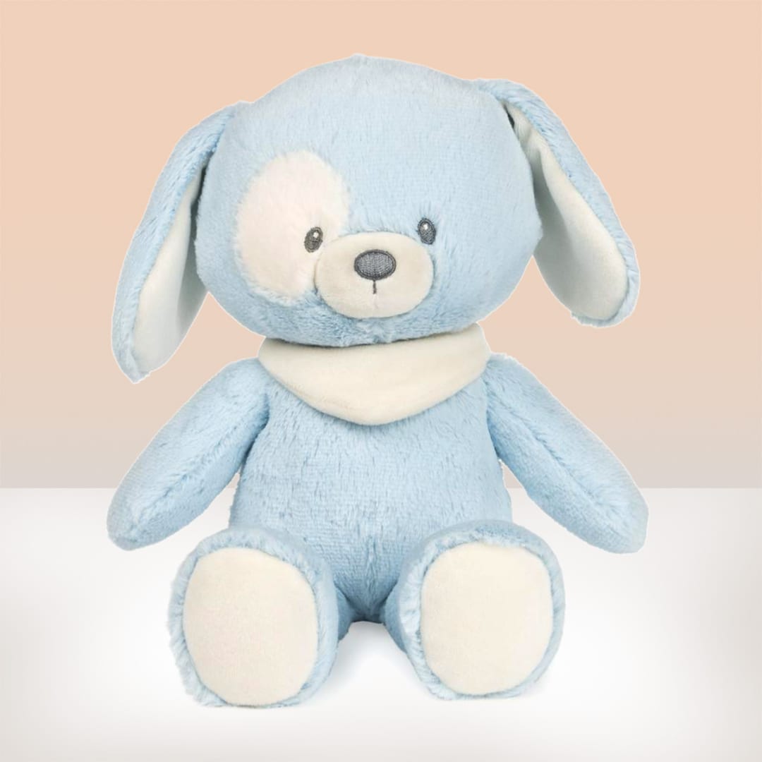 Light blue plush bunny with white accents sitting against a plain background