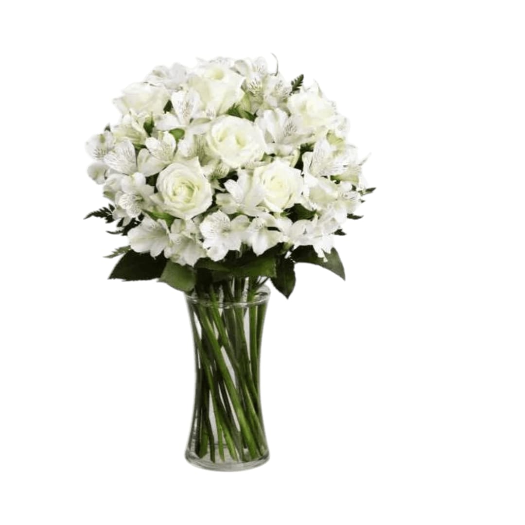 Cherished Friend Bouquet - Cherished Friend Bouquet offers comfort and sympathy in the time of grief and loss. Bright white roses and Peruvian lilies are accented by lush greens and gorgeously arranged in a clear glass gathering vase to create a bouquet that will bring peace and show how much you care.