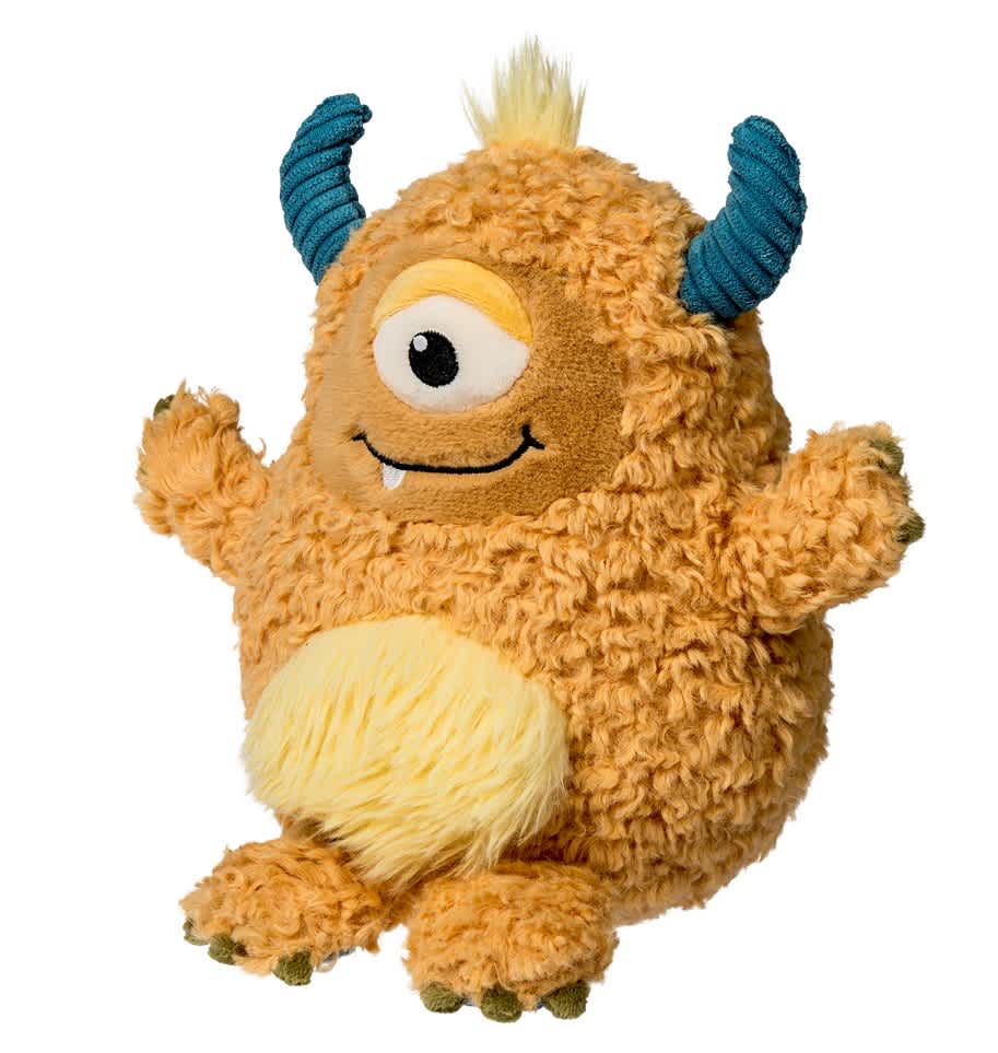 Plush one-eyed monster toy with blue horns and a fuzzy tan body