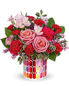 Charming Mosaic Bouquet - Charmed, I'm sure! Sweep them off their feet with this lovely bouquet of pink blooms presented in a magnificent mosaic base of pearlescent stained glass.