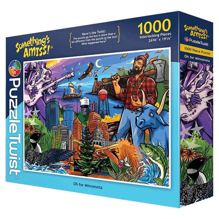 PuzzleTwist - Oh for Minnesota - Here's the Twist: The puzzle ON the box is more than a bit different from the puzzle IN the box.  What happened here?  About the Artist: From towering pines to legendary figures, Oh for Minnesota captures the charm and character of the Land of 10,000 Lakes. Created by Adam Turman, a Twin Cities artist celebrated for his bold, graphic style, the artwork pays tribute to beloved places and local lore. With a few twists inside, this puzzle is sure to leave you smiling, scratching your head, and maybe even saying “uff-da!” 