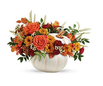 Enchanted Harvest Pumpkin - Bursting from an enchanting white ceramic pumpkin, this fabulous fall mix of roses and mums is a magical addition to your autumnal gatherings!