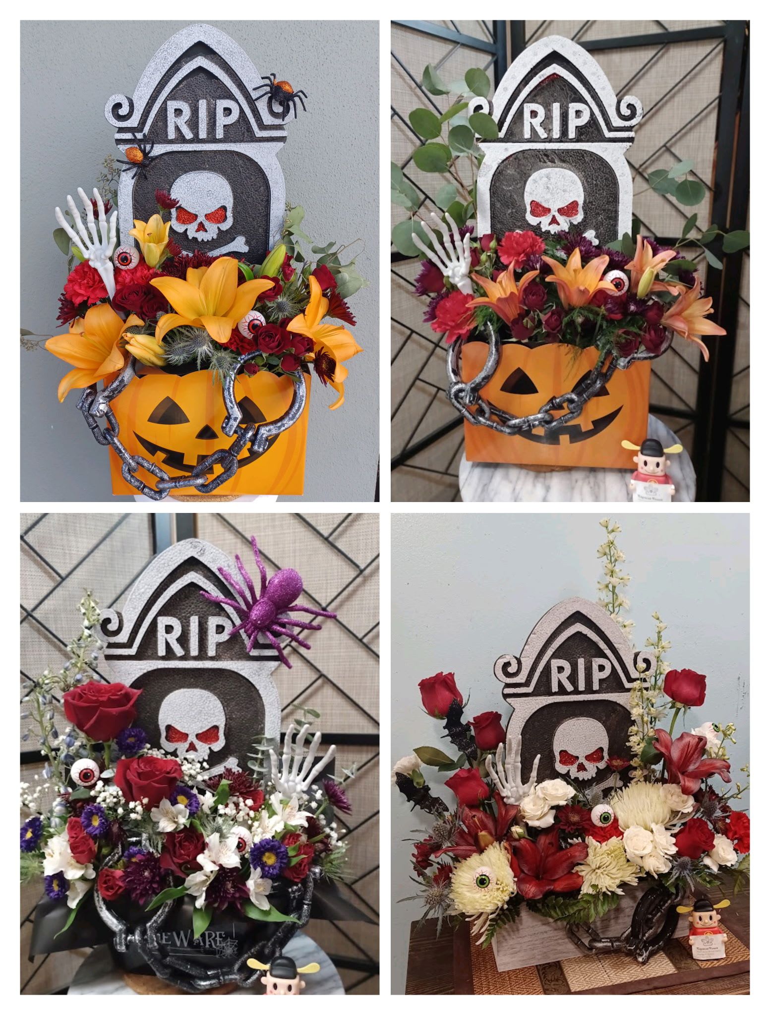 The Graveyard Blooms - Step into the spooky season with The Graveyard Blooms, a hauntingly beautiful arrangement that brings Halloween to life—or rather, afterlife. Designed around a striking RIP tombstone base, each arrangement features a mix of eerie accents such as skull hands, eyeballs, spiders, chains, bats, and more. Fresh seasonal flowers in rich, moody hues complete the chillingly elegant display.  Please note: Halloween accents and flower varieties will vary depending on theme and availability, making every Graveyard Blooms design a one-of-a-kind frightful masterpiece—perfect for parties, offices, or anyone who loves a touch of the macabre.