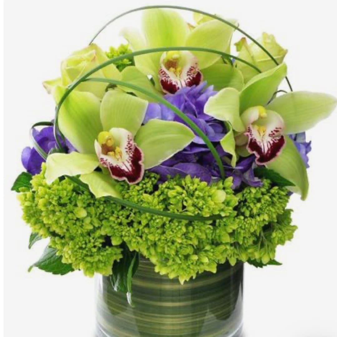 Green orchids and purple flowers in a striped vase