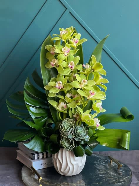 Green orchid arrangement in a white vase with succulent accents