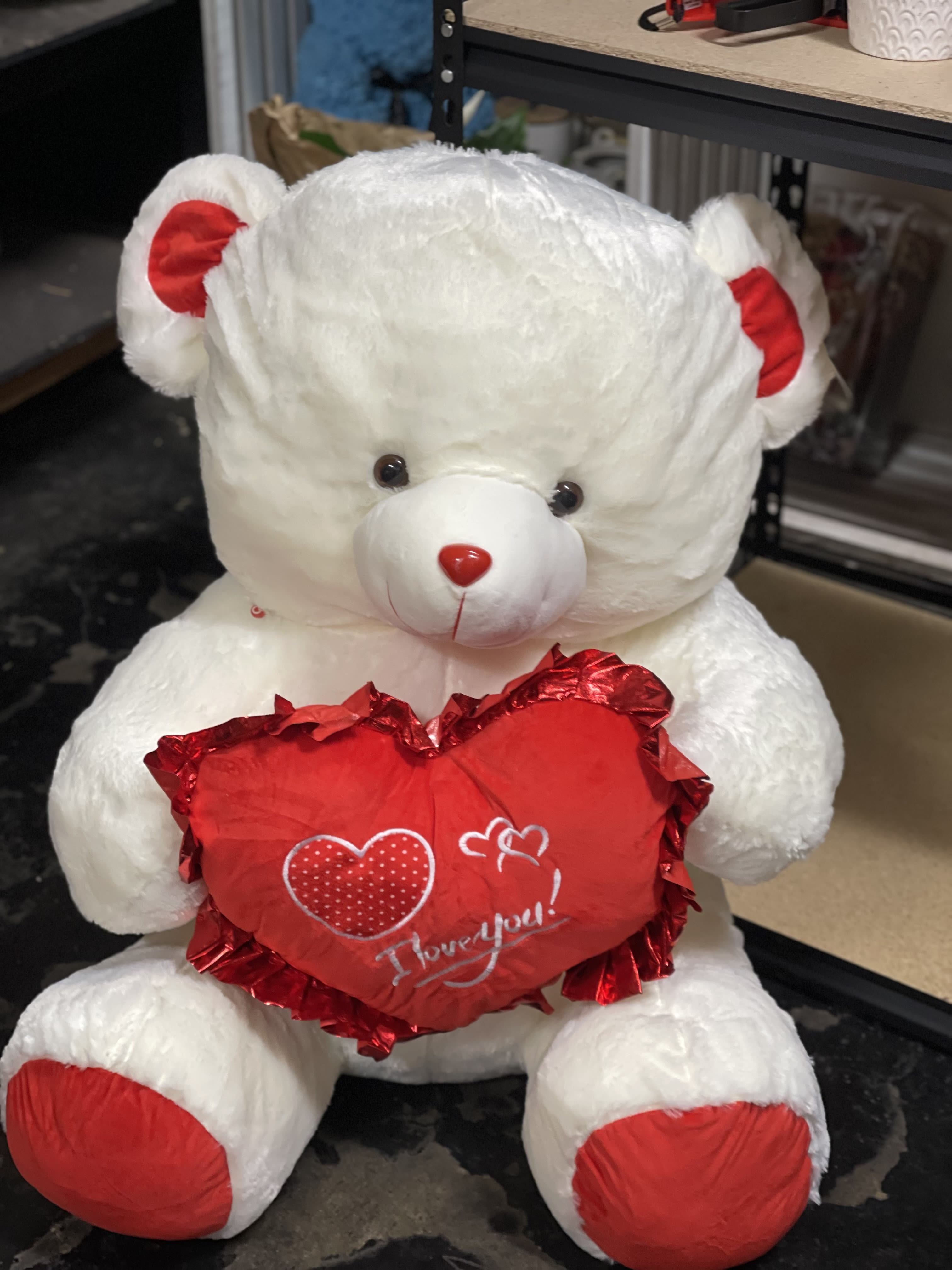 White teddy bear holding a red heart with "I love you" text