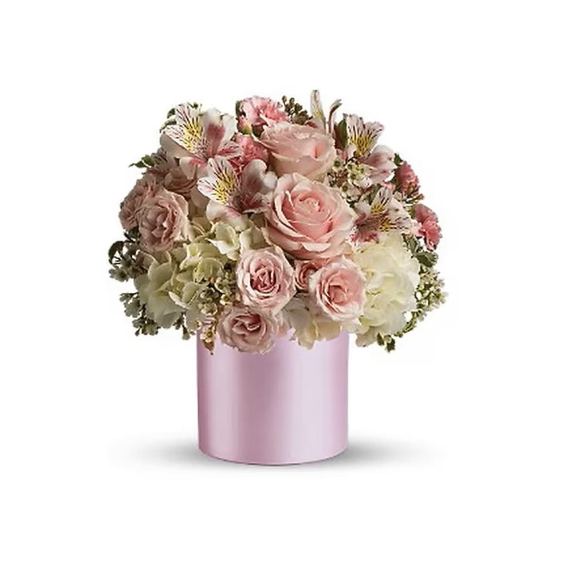Sweet Pinks Bouquet - Sweet pink and white blossoms abound in this delightful gift of fabulous fresh flowers, presented in a pretty pearl of a vase - Teleflora's exclusive Satin Collection cylinder, in a matching shade of pink! It's a lovely choice for a birthday, graduation or just to say, "I'm thinking of you." A mix of fresh pink and white flowers such as roses, spray roses, hydrangea, carnations and more is delivered in a pink Teleflora Satin Collection cylinder.