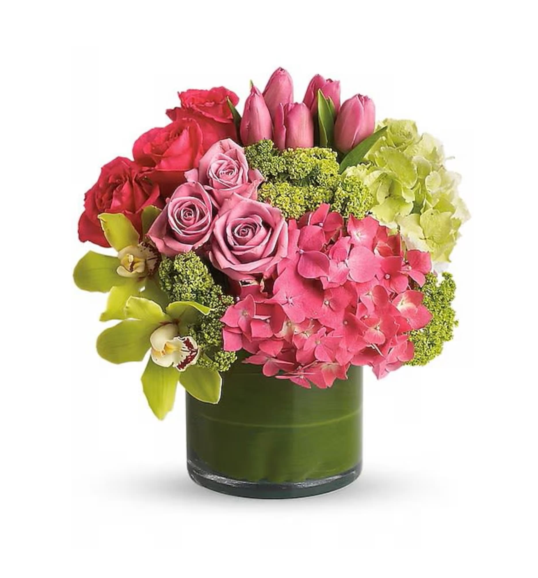 Pink and red flower arrangement in a green vase