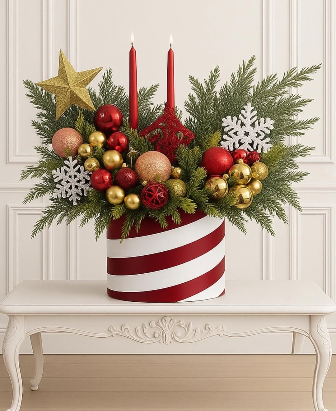 Christmas arrangement with red candles, ornaments, and evergreen branches in a striped container
