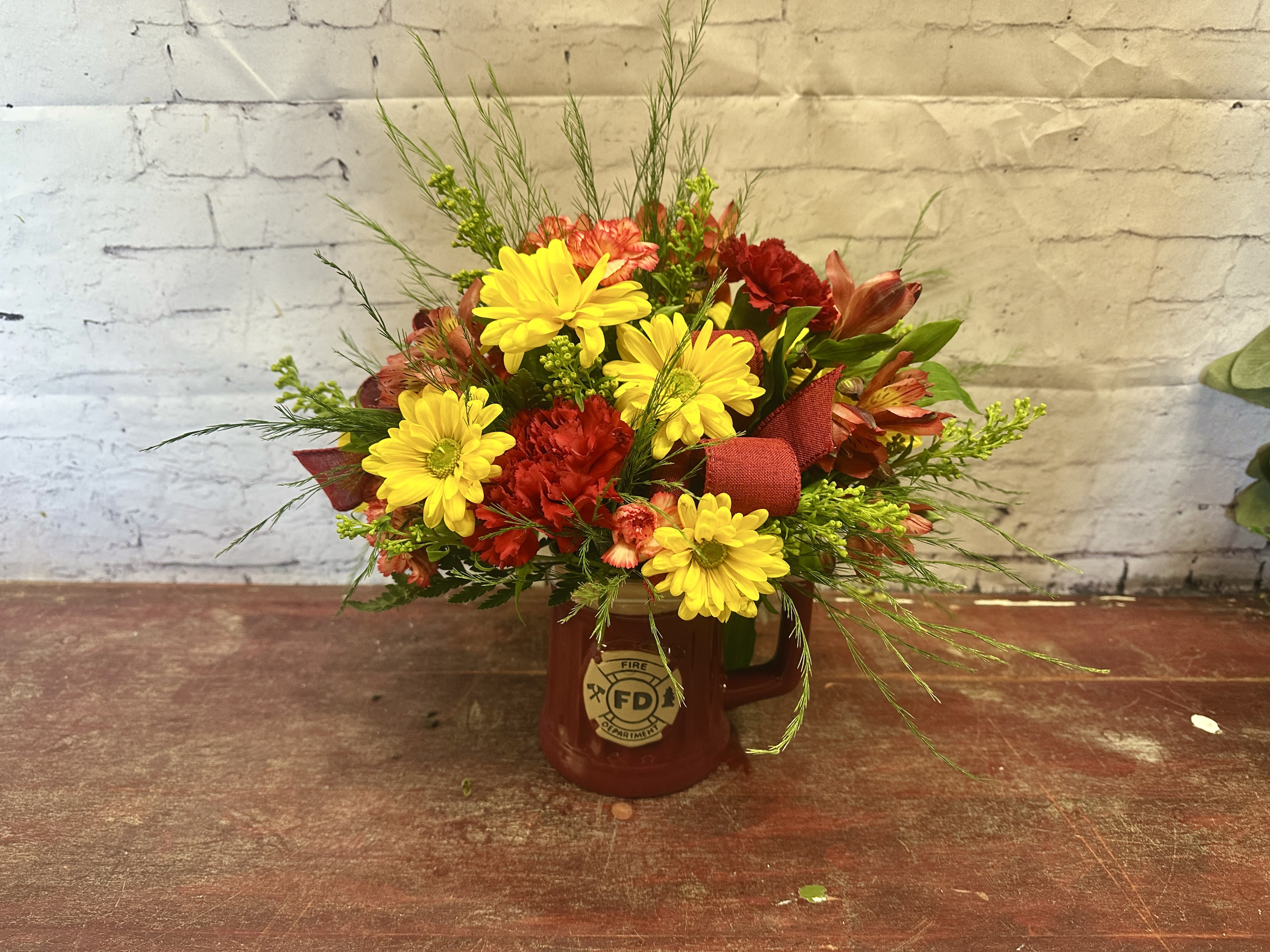 Firehouse flowers  - Red fire department mug with a bright mix of flowers for your favorite fire department hero