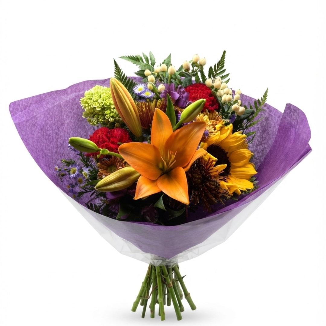 Bouquet with orange lilies, sunflowers, and mixed blooms wrapped in purple paper