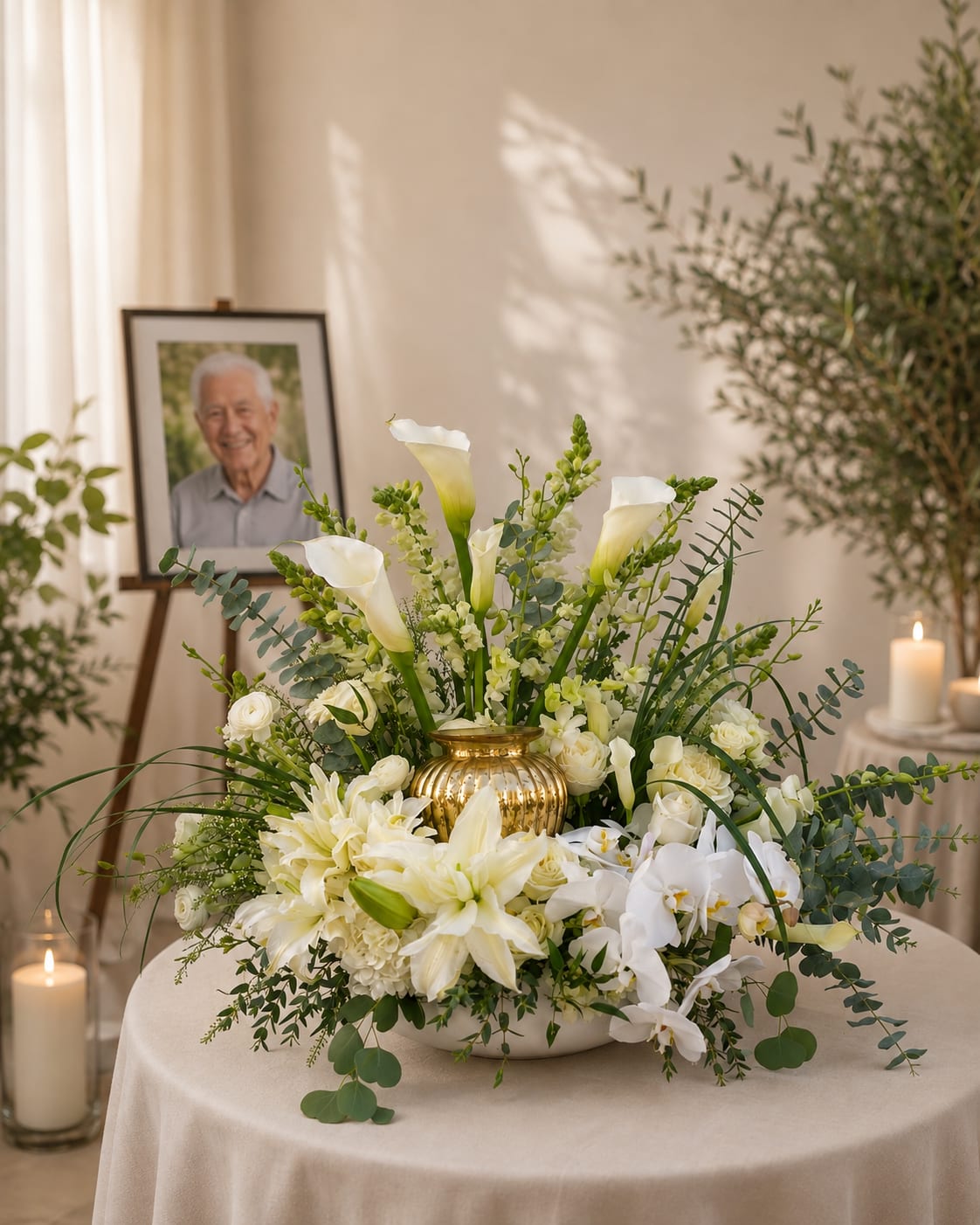 White floral arrangement with calla lilies, roses, and orchids in a gold vase