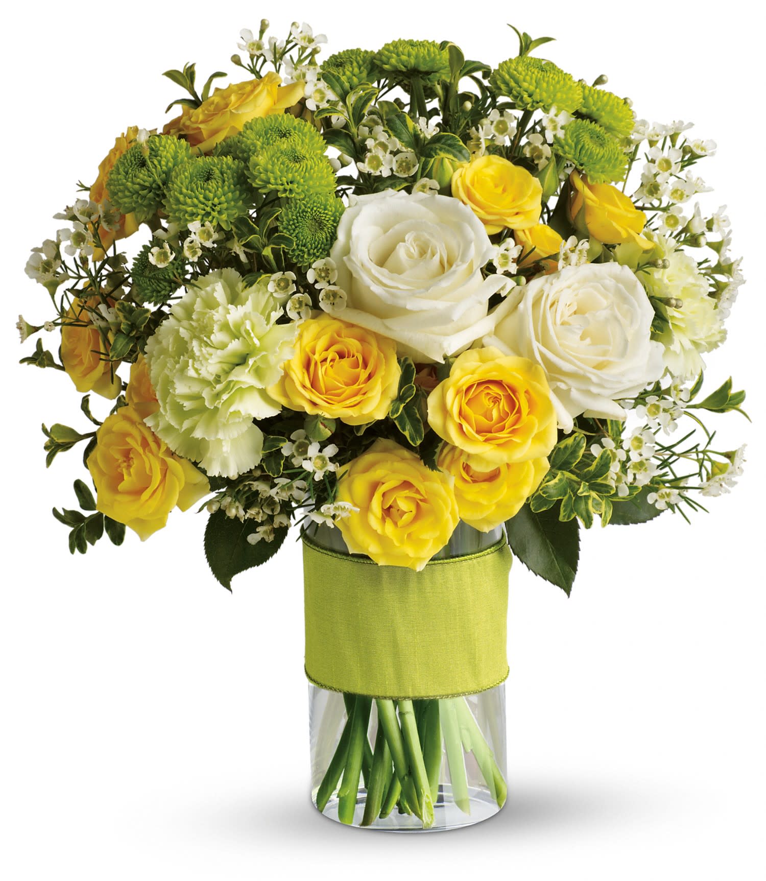 Teleflora's Your Sweet Smile - This charming bouquet includes white roses, yellow spray roses, green carnations, green button spray chrysanthemums and white waxflower accented with assorted greenery. Delivered in a glass cylinder vase. Approximately 12 1/2" W x 14" H