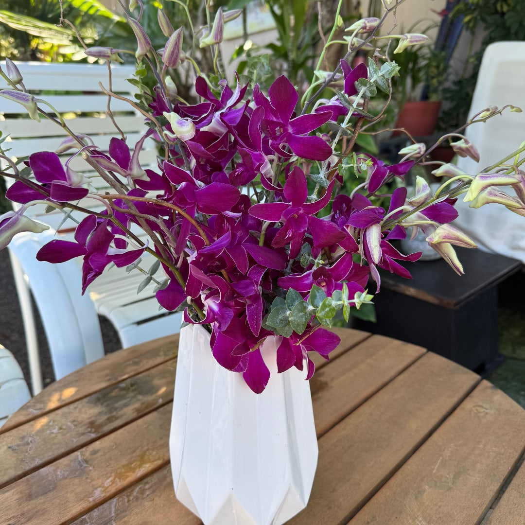 Purple orchids arranged in a white vase on a wooden table