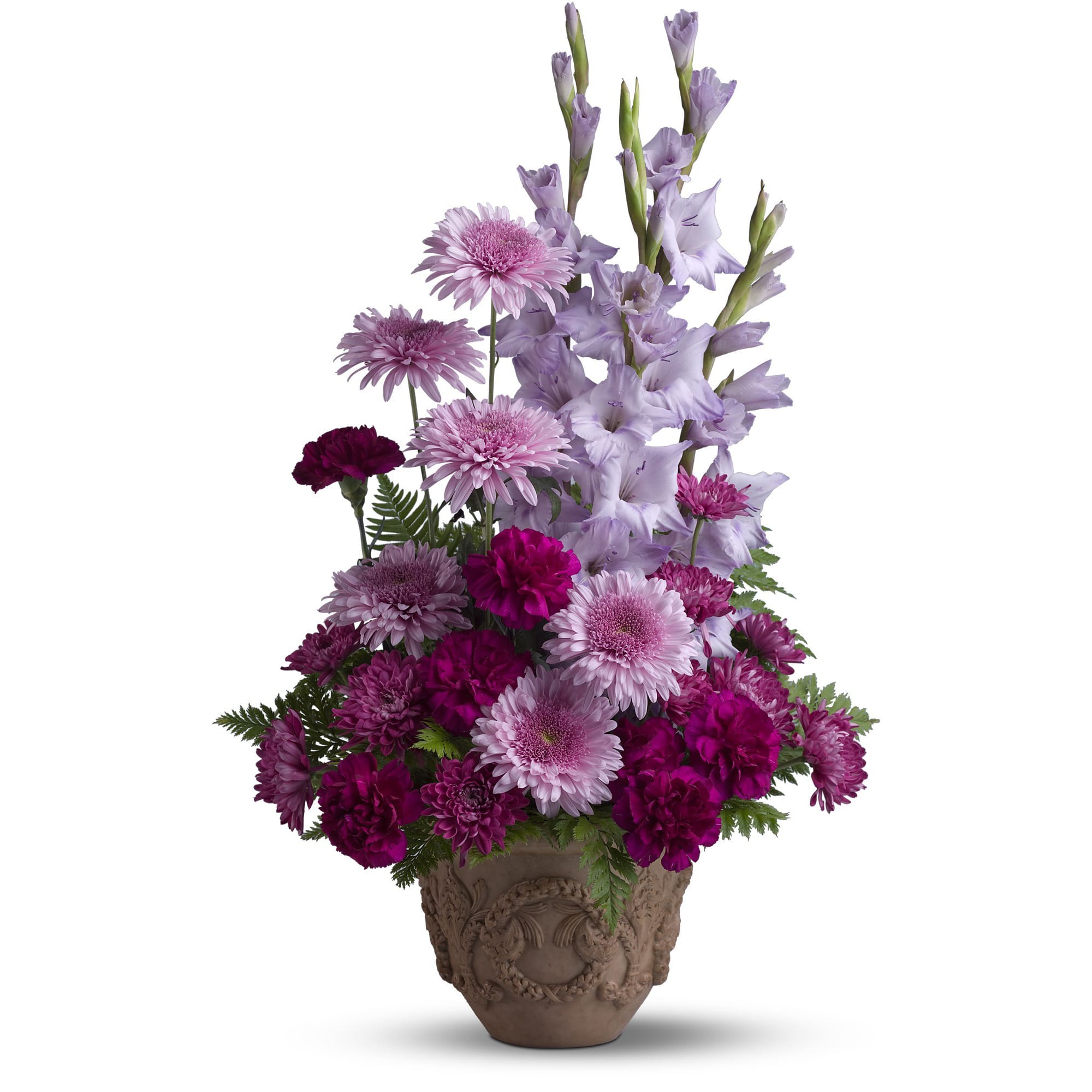 Purple and pink flowers arranged in a decorative urn vase