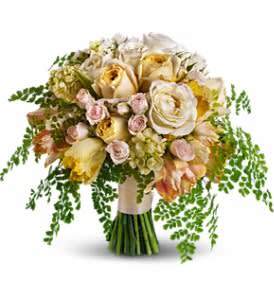 Best of the Garden Bouquet - Fresh-picked perfection! This soft, romantic bouquet unites luxurious blooms like garden roses and parrot tulips with delicate maidenhair fern.  Light yellow and white garden roses with crème spray roses, light yellow stock, yellow parrot tulips and stems of maidenhair fern.  Approximately 16" W x 13" H  Orientation: N/A 