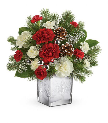 Teleflora's Woodland Winter Bouquet - Naturally elegant, the silver winter trees on this gorgeous glass cube add seasonal style to a bold holiday bouquet of red and white blooms.
