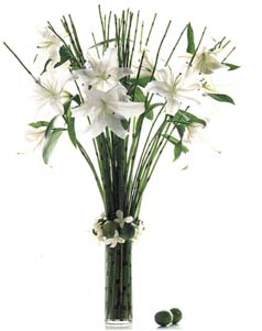 White lilies in a tall glass vase with greenery