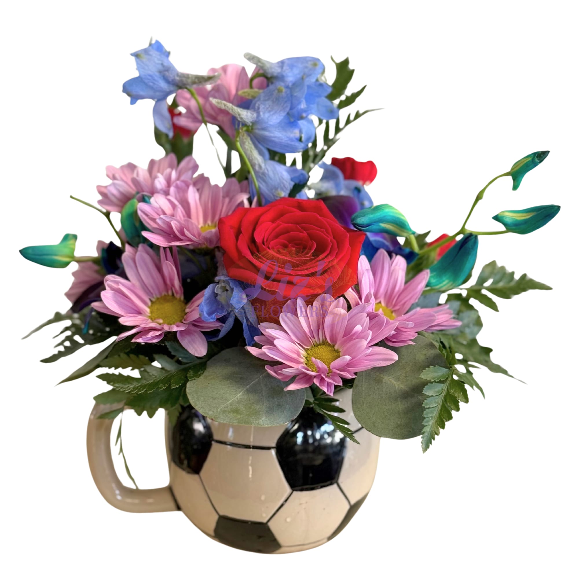 The Winning Goal Bouquet - Score a major win with this playful and vibrant arrangement! A premium red Rose takes center stage, surrounded by cheerful lavender Mums and striking blue Delphinium. Expertly designed in a collectible ceramic soccer ball mug and accented with lush eucalyptus and leather leaf greenery, it’s the perfect "MVP" gift for sports fans, coaches, or a celebratory birthday surprise.