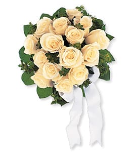 Cream rose bouquet with white ribbon tails