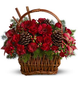 Holiday Spice Basket - Spice up any Christmas celebration with this fragrant holiday spice basket, featuring fresh red blossoms, pinecones and cinnamon sticks, beautifully arranged in a rustic handled basket. A festive satin ribbon adds an extra touch of cheer.  A mix of fresh red and burgundy flowers such as spray roses, miniature carnations and gerberas - accented with real cinnamon sticks, pinecones, hypericum and greenery - is delivered in a woven handled basket decorated with a satin ribbon.  Approximately 14" (W) x 14" (H)  Orientation: All-Around  As Shown : TFWEB479