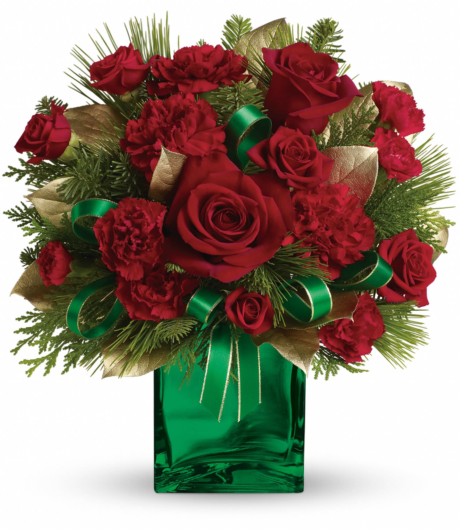 Teleflora's Yuletide Spirit Bouquet - Red roses, spray roses, carnations and miniature carnations are accented with assorted greens. Delivered in Teleflora's green mirrored cube. Approximately 12" W x 12 3/4" H
