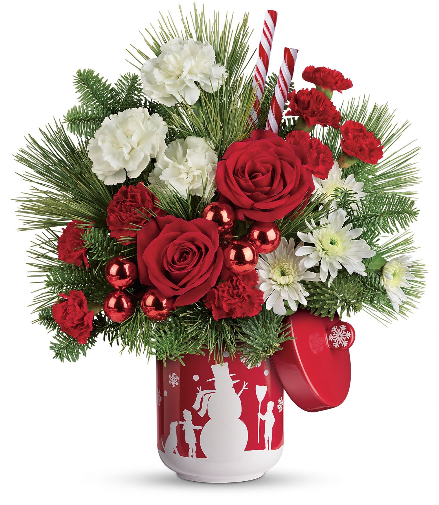 Teleflora's Snowy Day Bouquet - Red roses, white carnations, red miniature carnations, and white cushion spray chrysanthemums are arranged with noble fir and white pine. Delivered in a Snow Day cookie jar. Approximately 14 1/2" W x 16 1/2" H