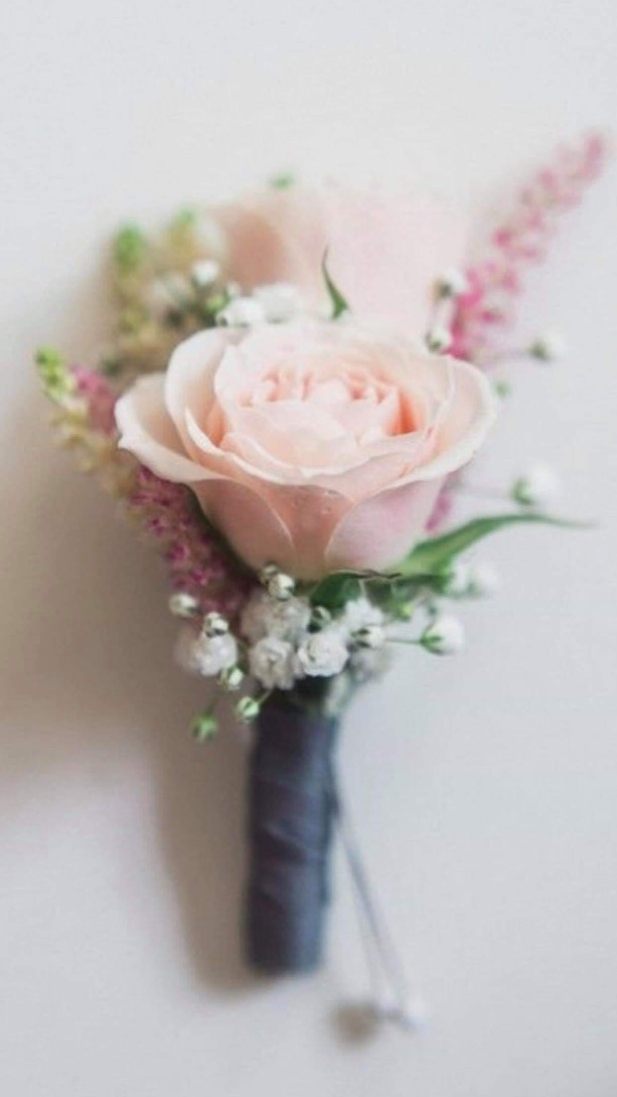 Blush rose boutonniere with small white and pink accent flowers