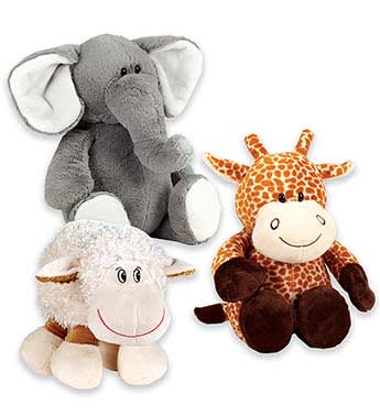 Three plush animal toys: an elephant, sheep, and giraffe