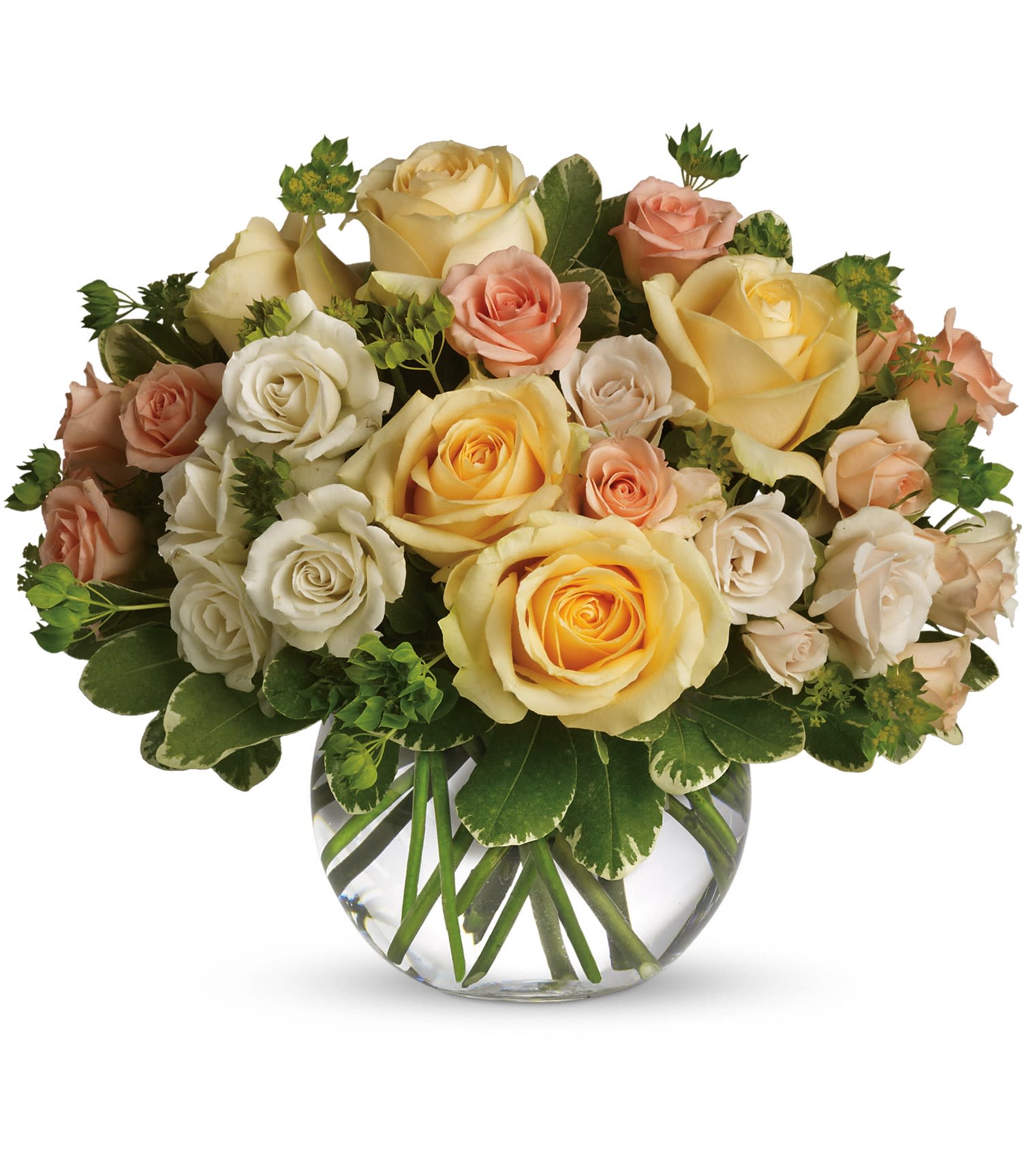 This Magic Moment - Beautiful yellow roses, peach and white spray roses and greens are delivered in a clear glass bubble ball. The effect is magical. Approximately 13 W x 11 H