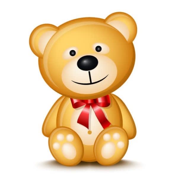 Cartoon teddy bear with a red ribbon on a white background
