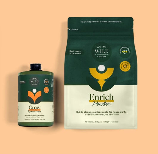 Two plant care products in green packaging on a peach background