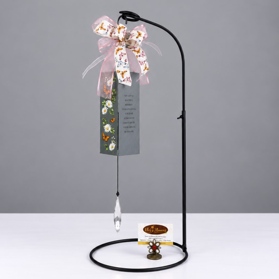 Decorative hanging memorial ornament with butterfly ribbon and crystal drop