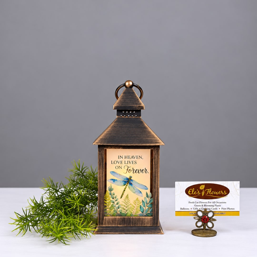 Decorative lantern with a sympathy message and dragonfly design