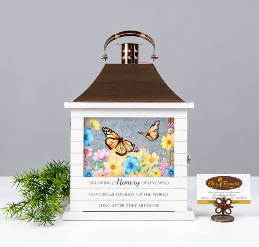 Decorative memorial lantern with butterfly and flower panel, plus a small potted plant