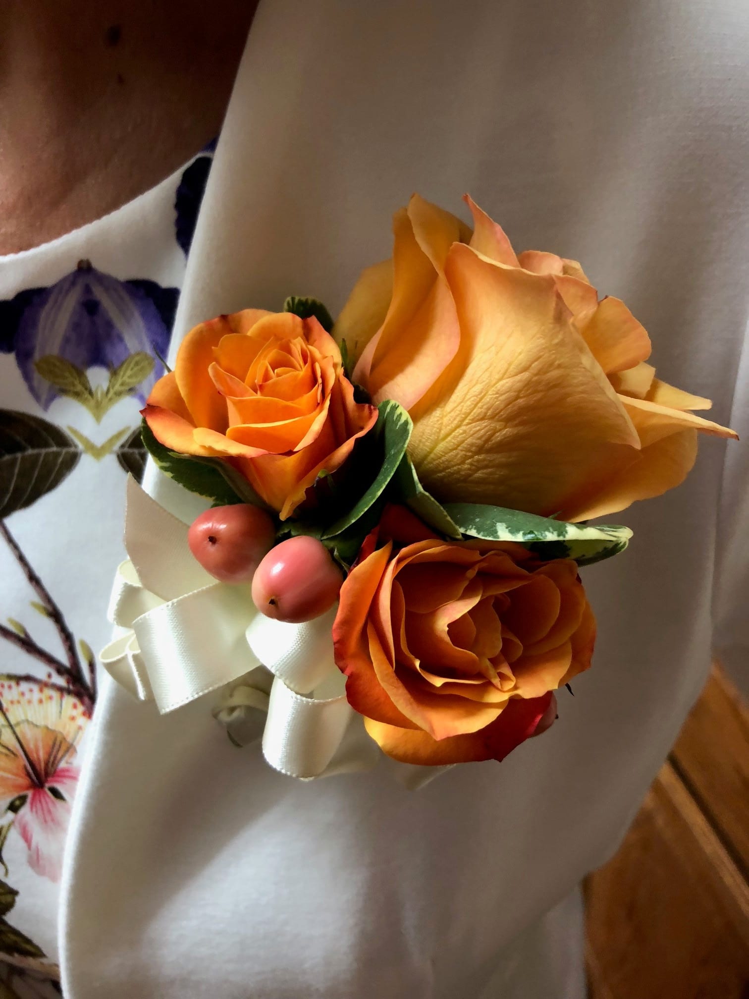 Pin Rose and Spray Roses boutonniere and corsage - Recipe: Rose, Spray roses, and hypericum berries with choice of ribbon corsage and/or boutonniere. PLEASE READ BEFORE PURCHASE Please specify color rose and ribbon in special instructions during check out. You can send a picture of the color dress/ tux to our email with order number: flowerfinesse@yahoo.com Choice of Pearl, Crystals, Feather, Glitter accents are available for extra charge. Boutonniere only purchase regular Corsage only purchase deluxe Boutonniere and corsage set premium. Pick up only available. 