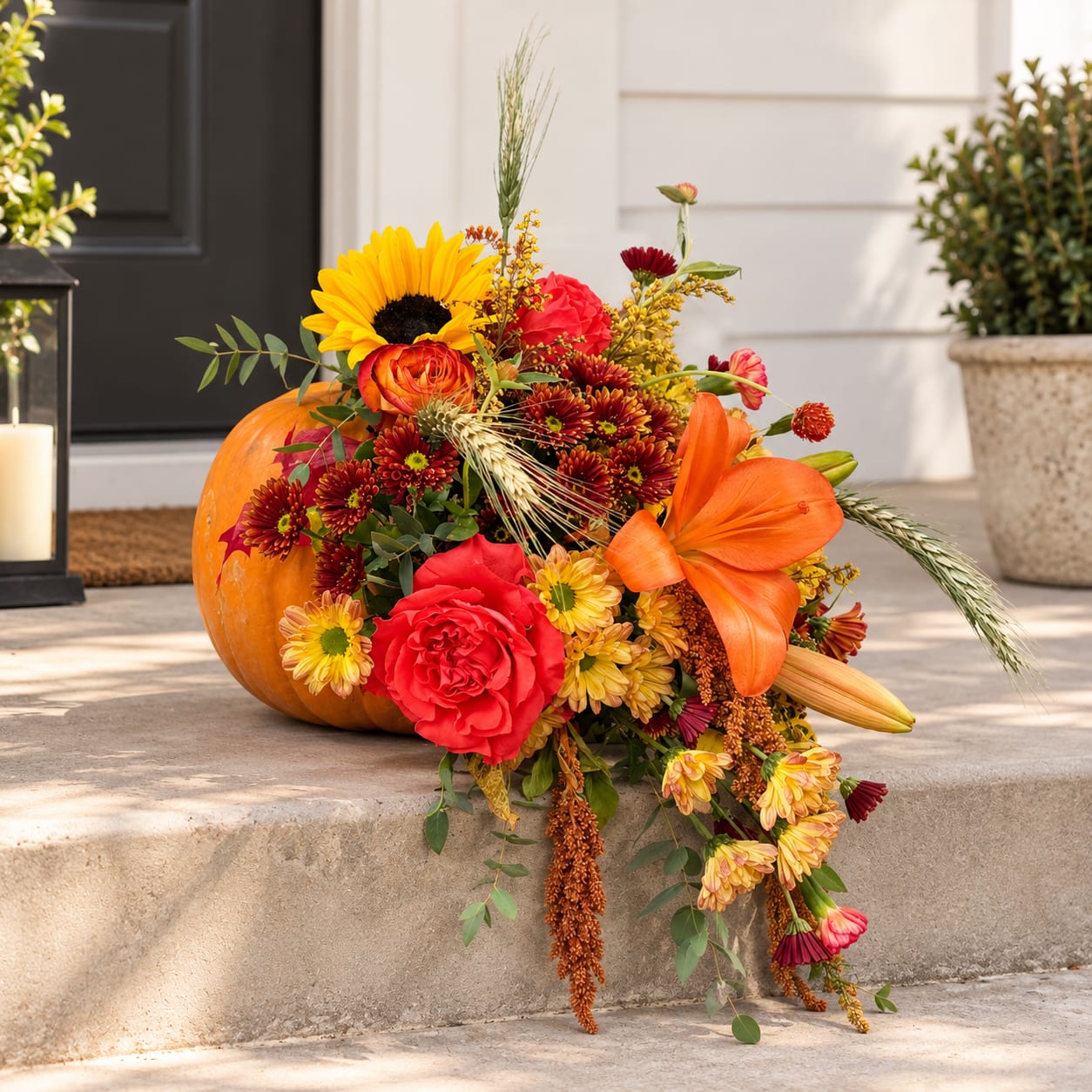 Autumn bouquet with sunflowers, roses, lilies, and chrysanthemums beside a pumpkin