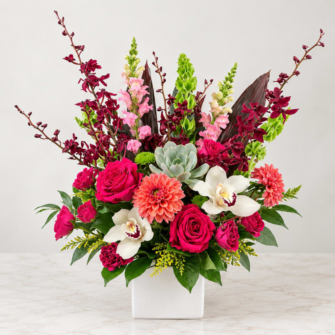 Bright mixed floral arrangement in a white square vase with roses and orchids