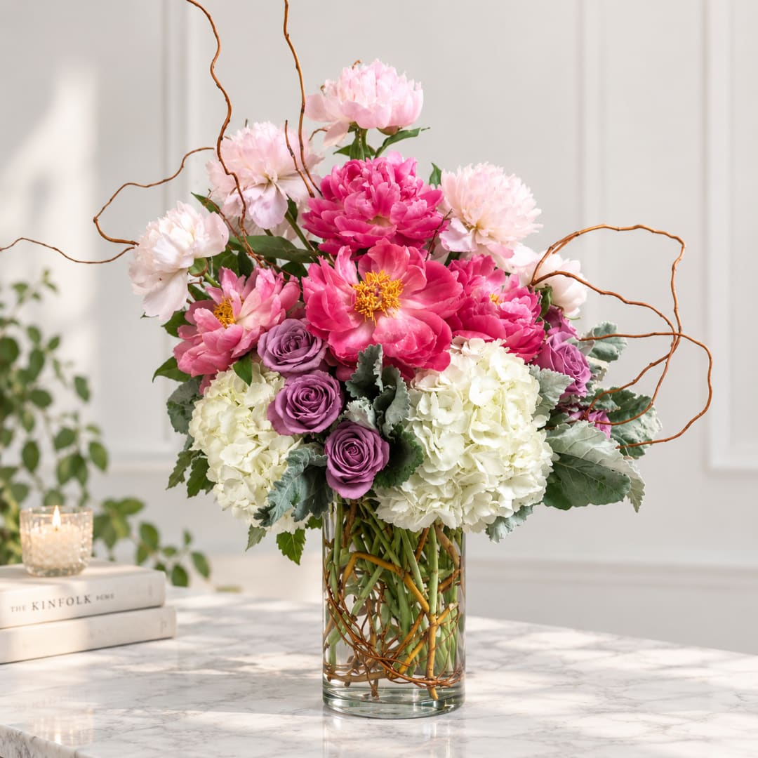 Pink and white floral arrangement in a glass vase with curly branches