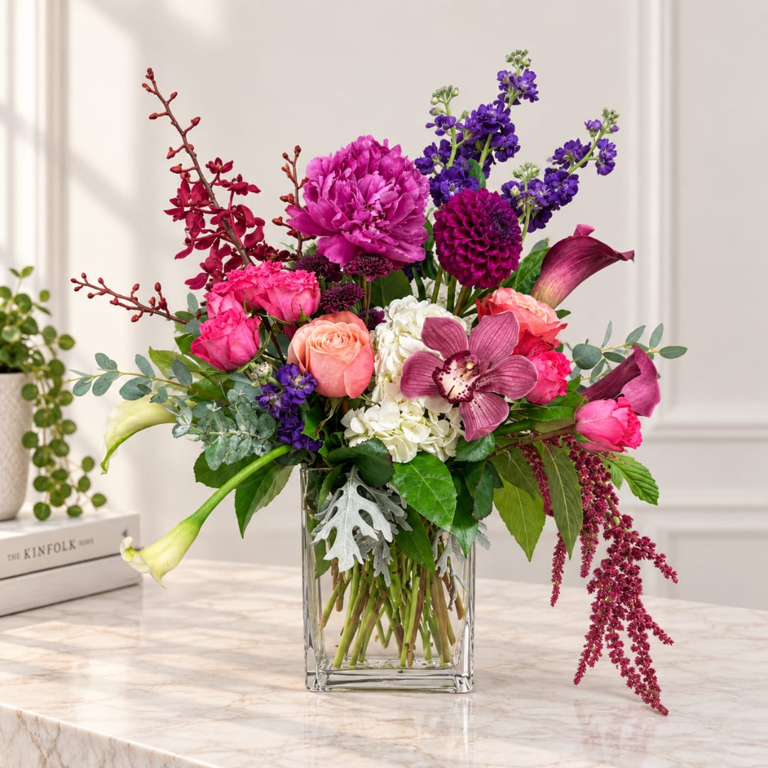 Mixed bouquet of pink, purple, and white flowers in a clear glass vase