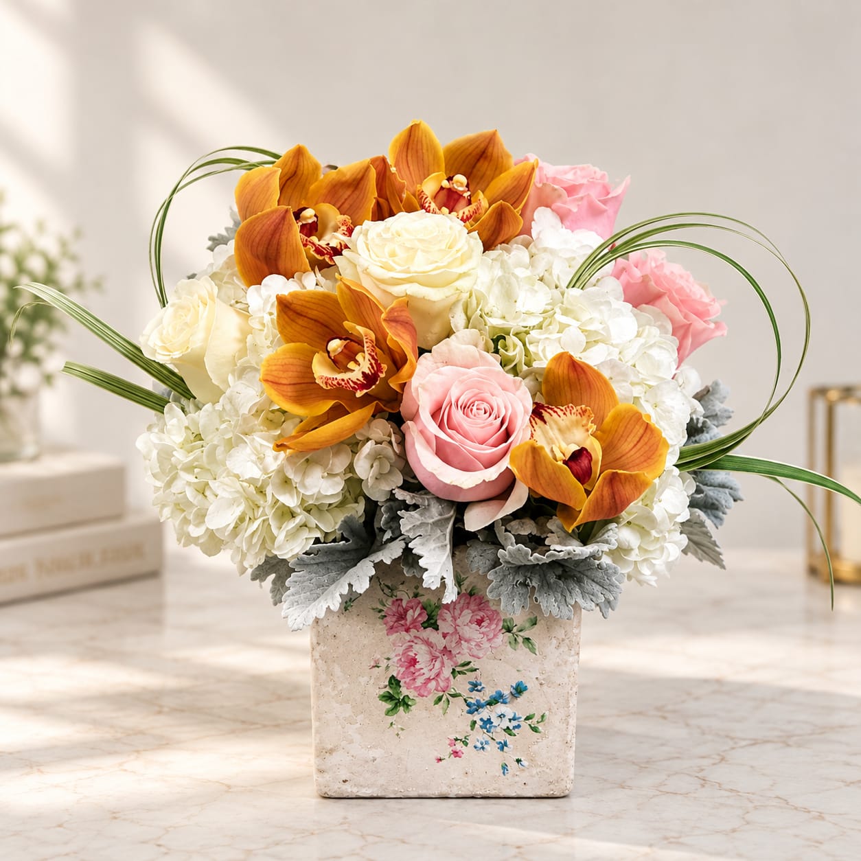 Pink roses and orange orchids in a floral vase arrangement