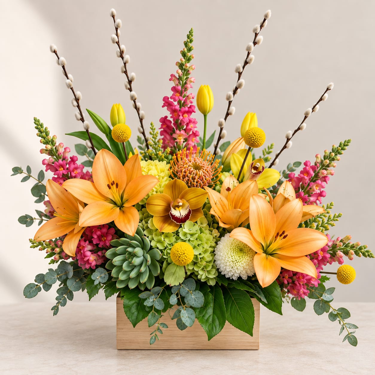 Orange lilies and pink blooms arranged in a wooden box with pussy willow branches.
