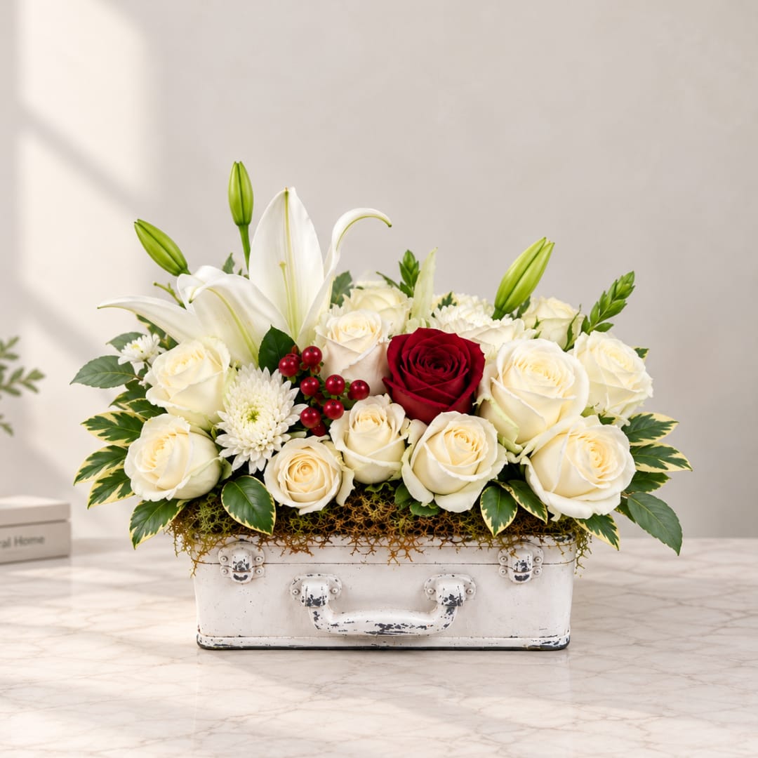 White lilies and roses arranged in a white suitcase-style container
