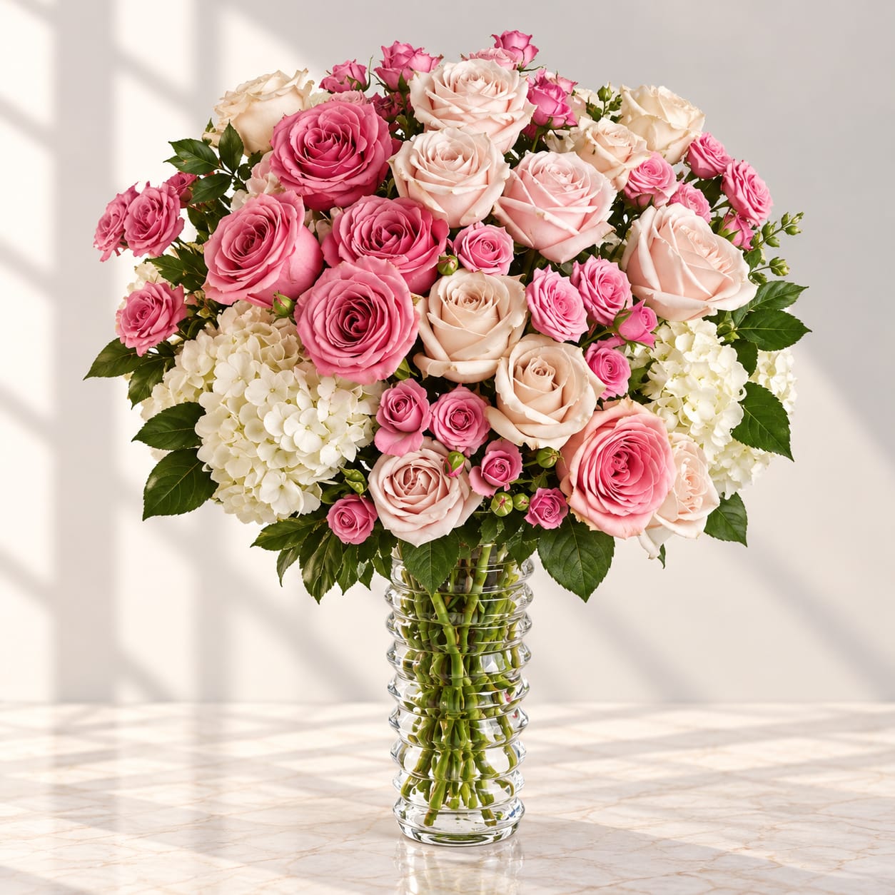 Pink and blush roses arranged in a clear glass vase