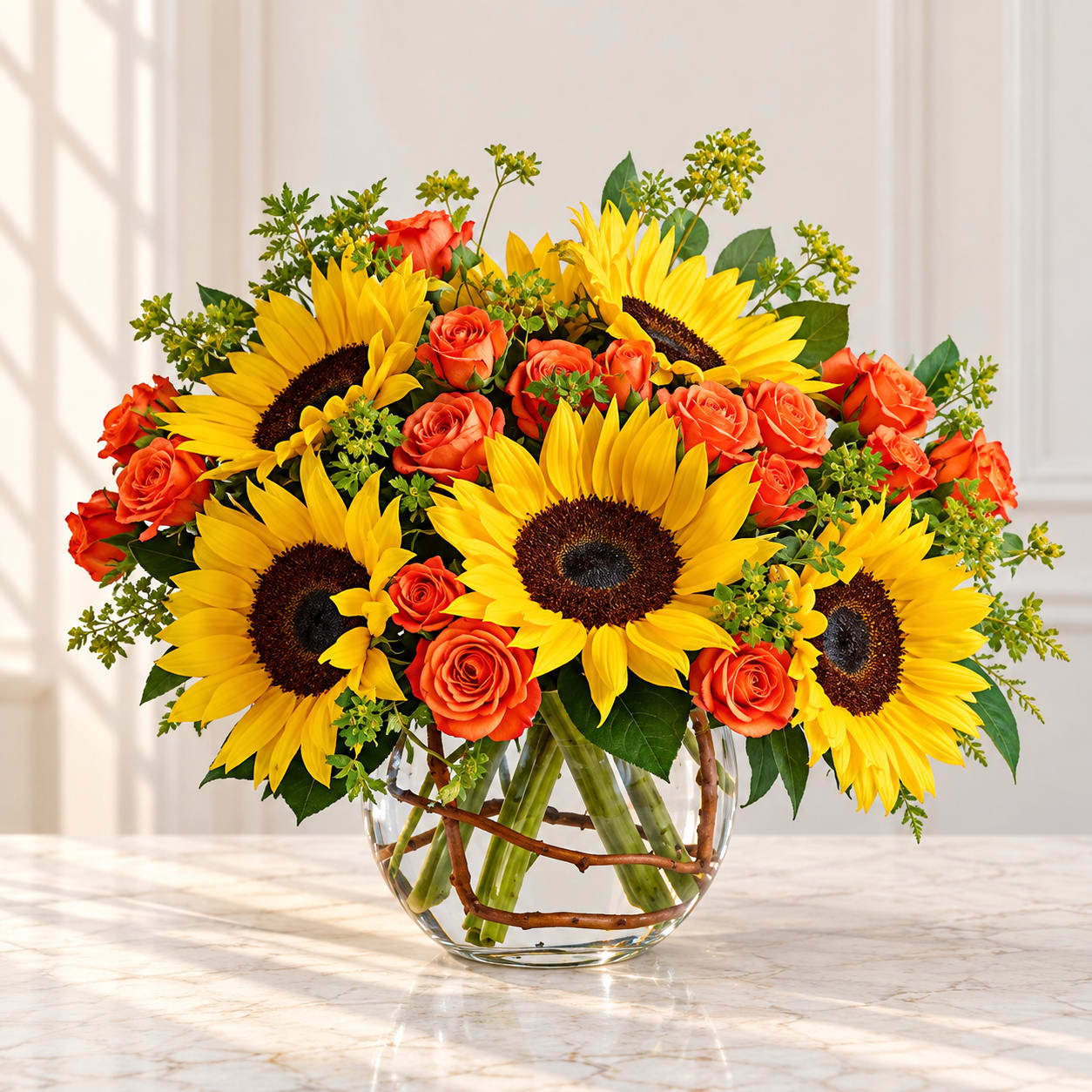 Sunflower and orange rose arrangement in a clear glass vase