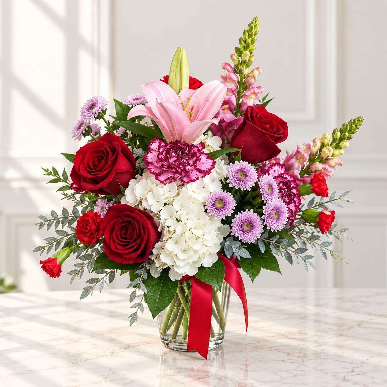 Mixed bouquet of red roses, pink lilies, and white hydrangeas in a glass vase